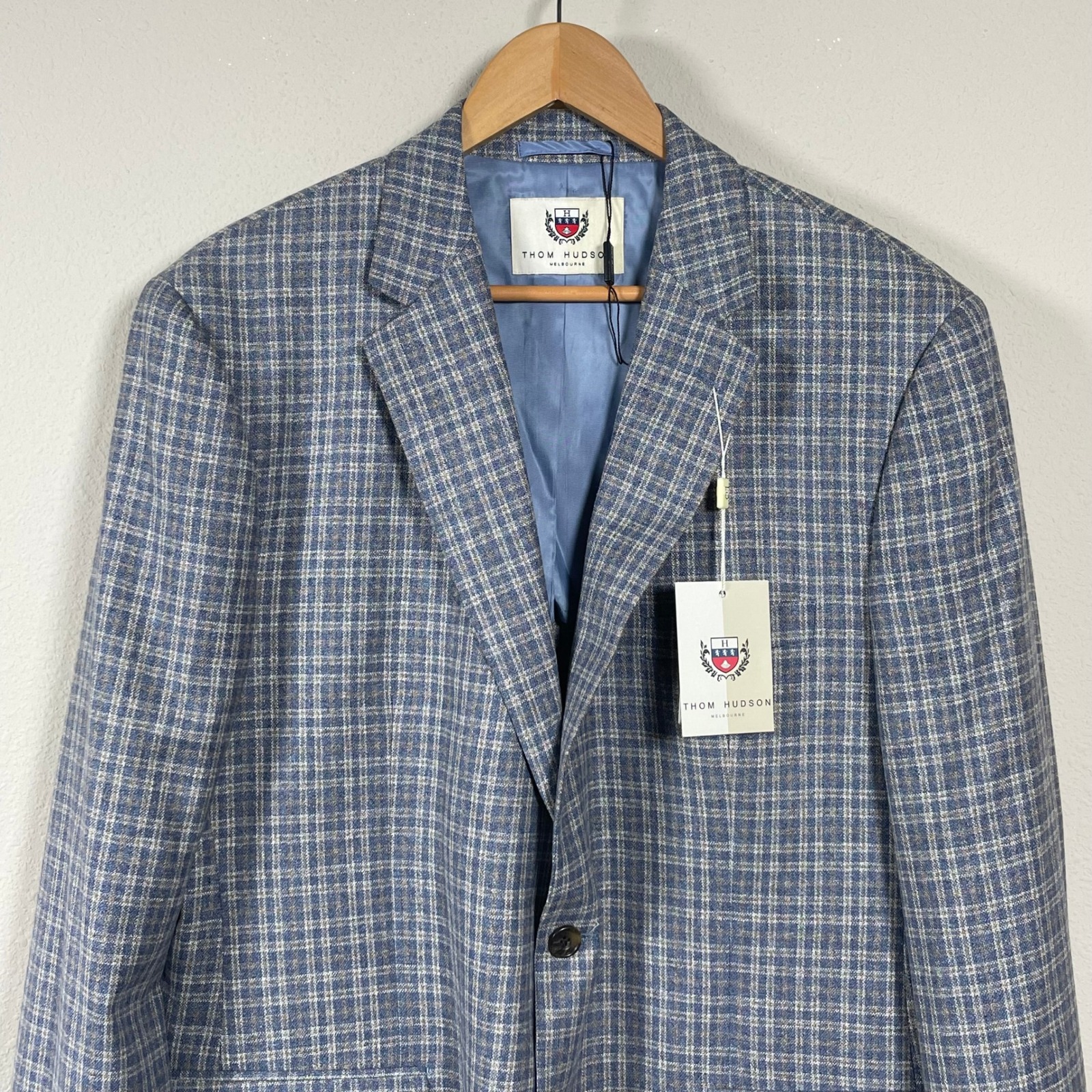 Nwt Thom Hudson Silk Wool Blend Sport Coat Mens 46r Blue Tan Plaid Blazer Preppy — image 2 of 8